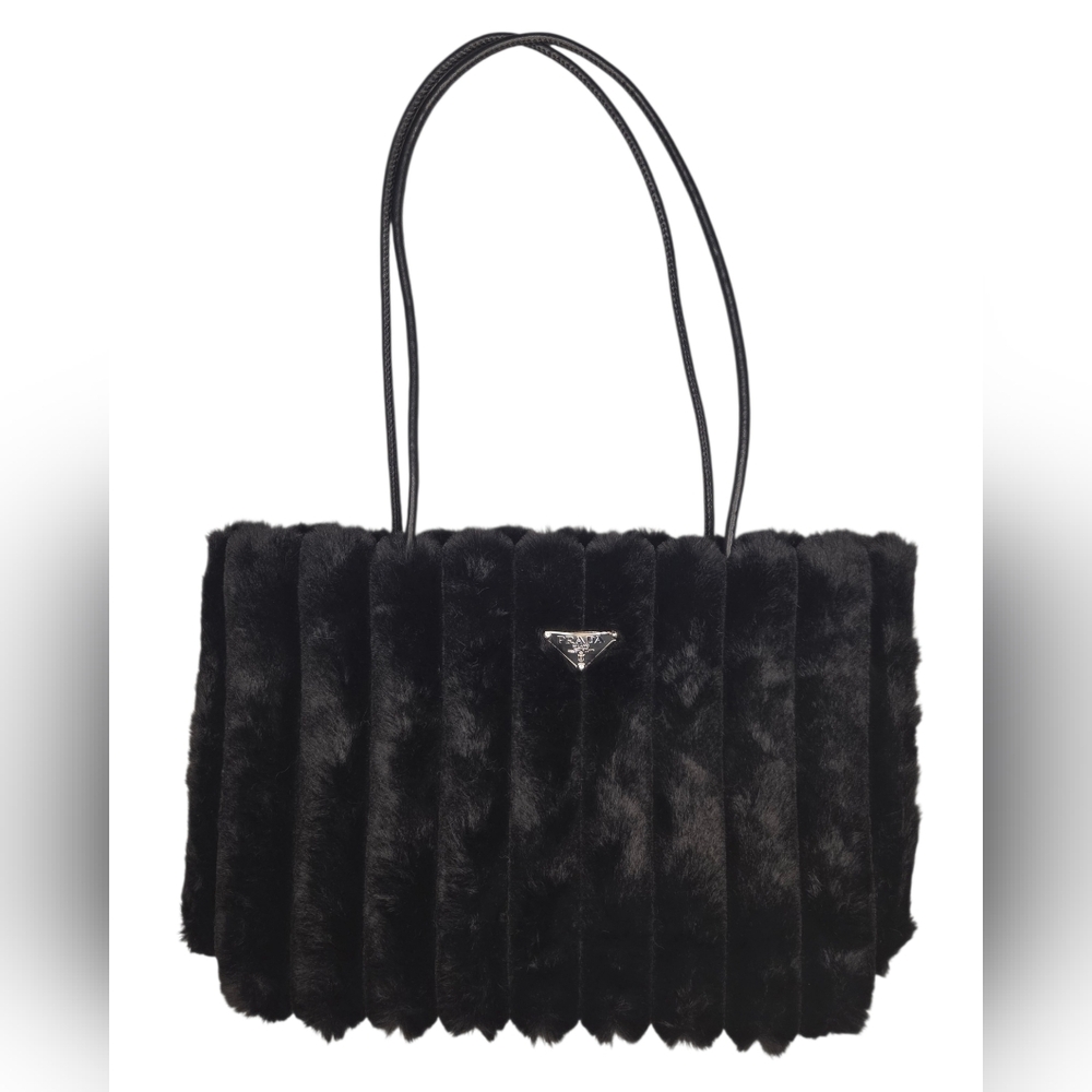 Prada Black Faux Fur Tote with Triangle Logo